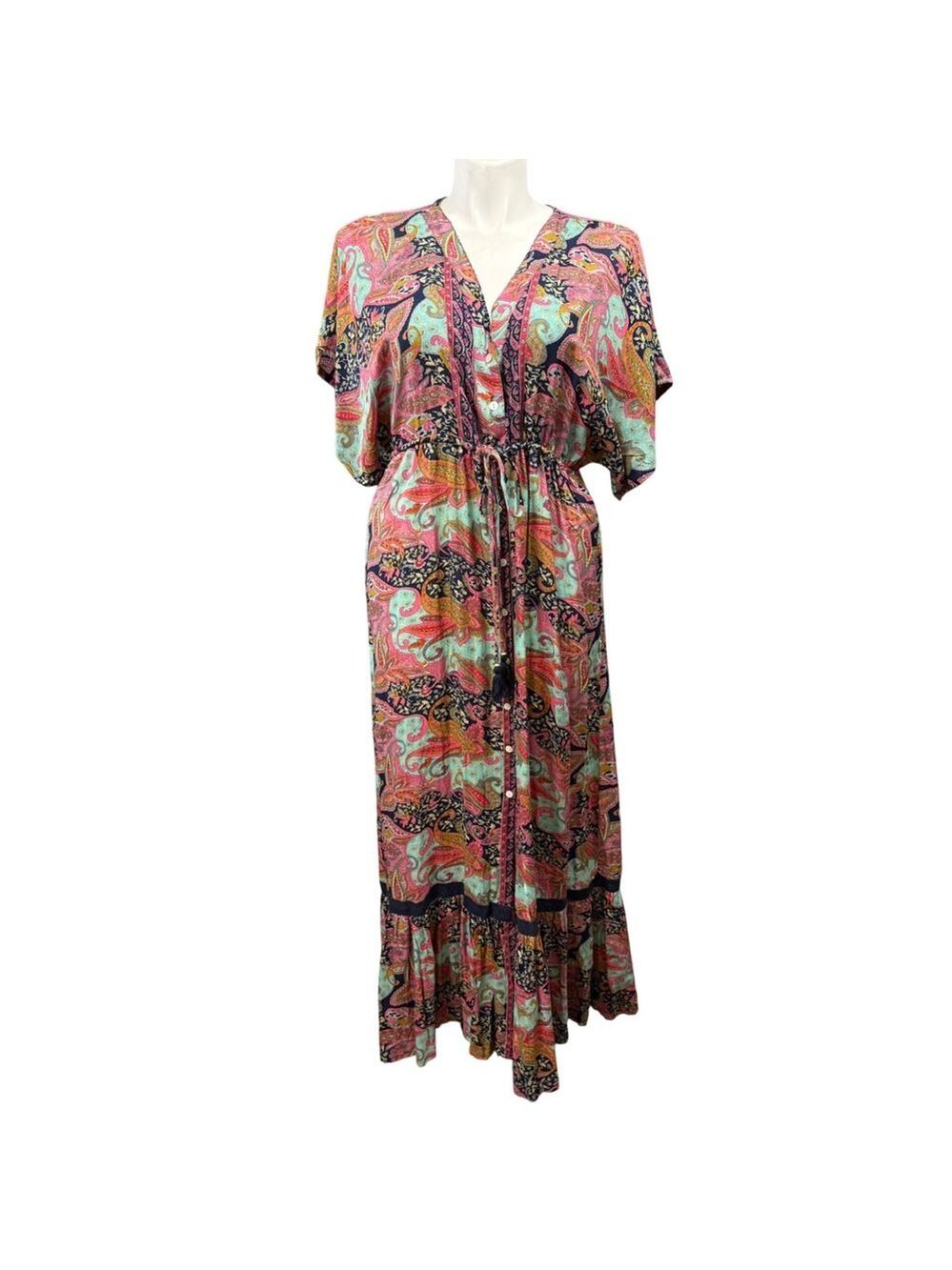 Mamey Mira Boutique Paisley Maxi Dress XL Pink Teal Boho Button Front Tassel
